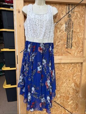 Liberty Love Cream Lace Top with Royal Blue Floral Skirt Dress